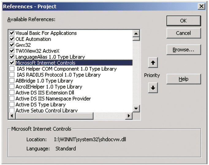 Рис. 25. Включение компонента Microsoft Internet Controls