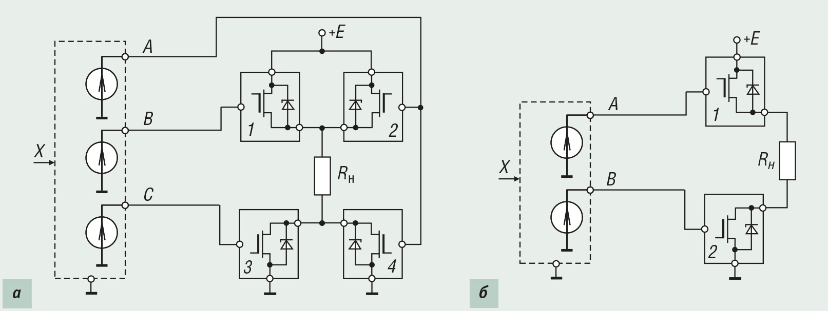 Рис. 10. Резервирование модулей вывода для повышения отказоустойчивости и живучести (а) и для реализации аварийного отключения (б)