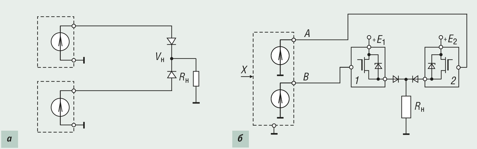Рис. 9. Соединение дискретных выходов при резервировании (а) и один из вариантов реализации дискретных выходных каскадов (б)