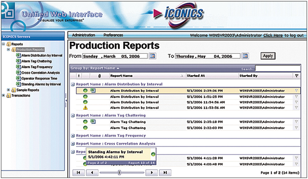 Рис. 4. Интерфейс генерации отчётов в ICONICS ReportWorX