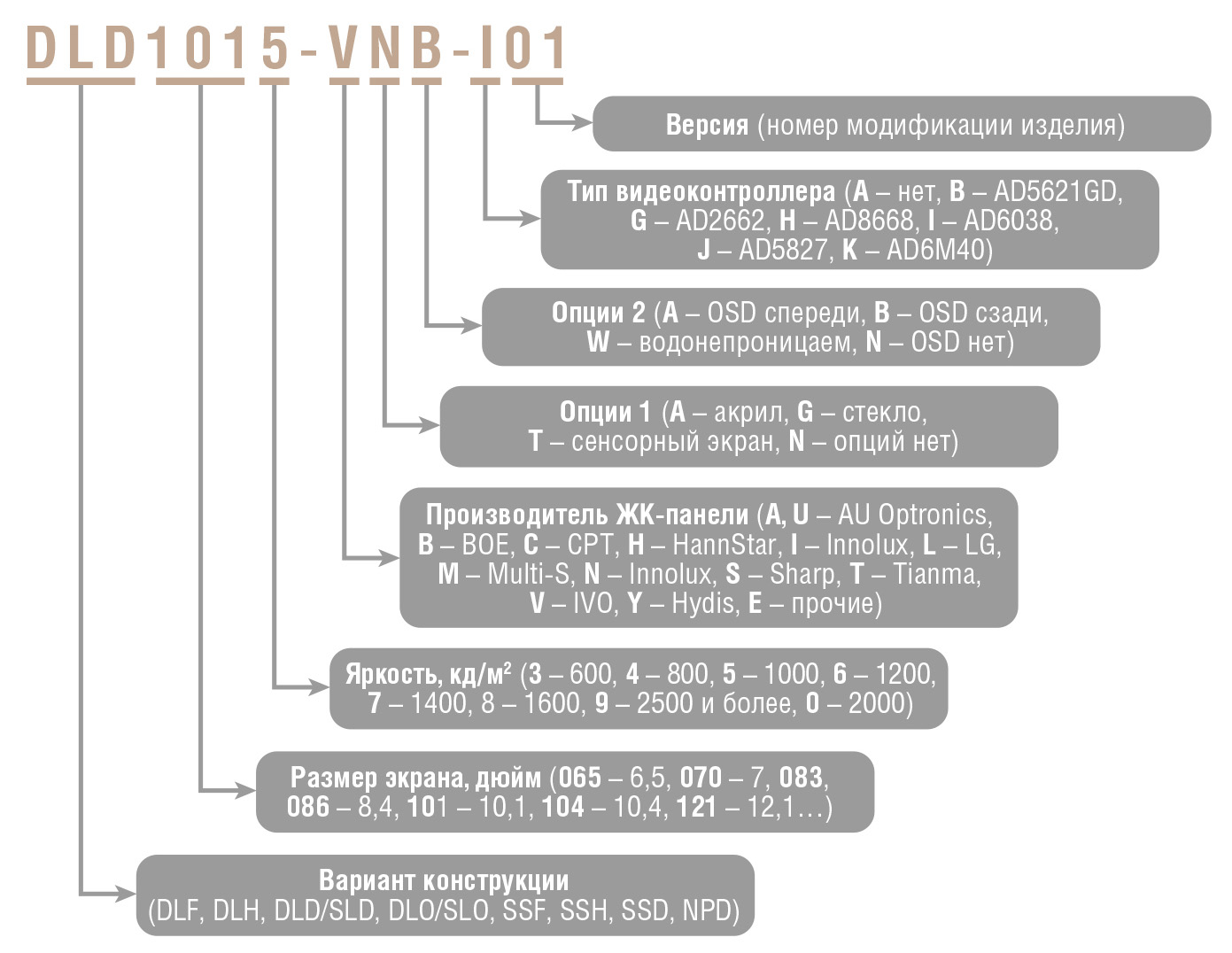 Рис. 22. Расшифровка номера для заказа монитора DLD1015-VNB-I01