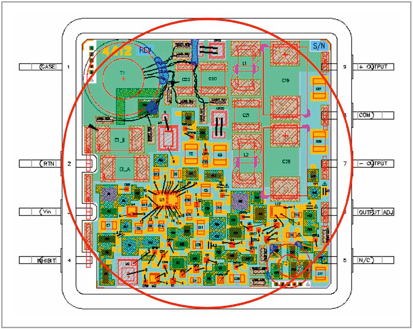 Рис. 16. Структура модуля DC/DC-преобразователя ARE10015D с удалённой крышкой