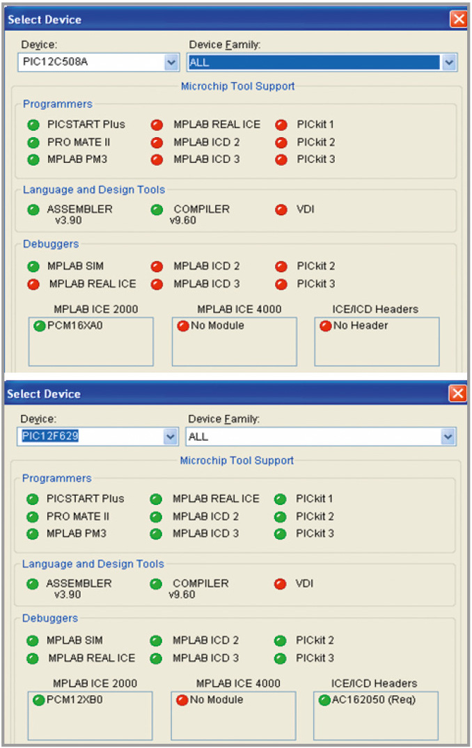 Рис. 12. Перечень программаторов для прошивки микроконтроллера: верхний – PIC12C508A, нижний – PIC12F629