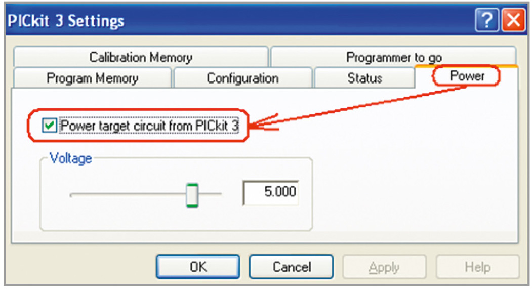 Рис. 15. Установка напряжения VDD на программаторе PIC-KIT3 программой MPLAB IDE