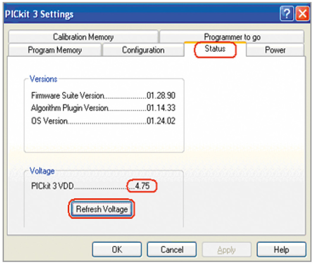 Рис. 16. Измерение и установка напряжения VDD на программаторе PIC-KIT3 программой MPLAB IDE v8.92