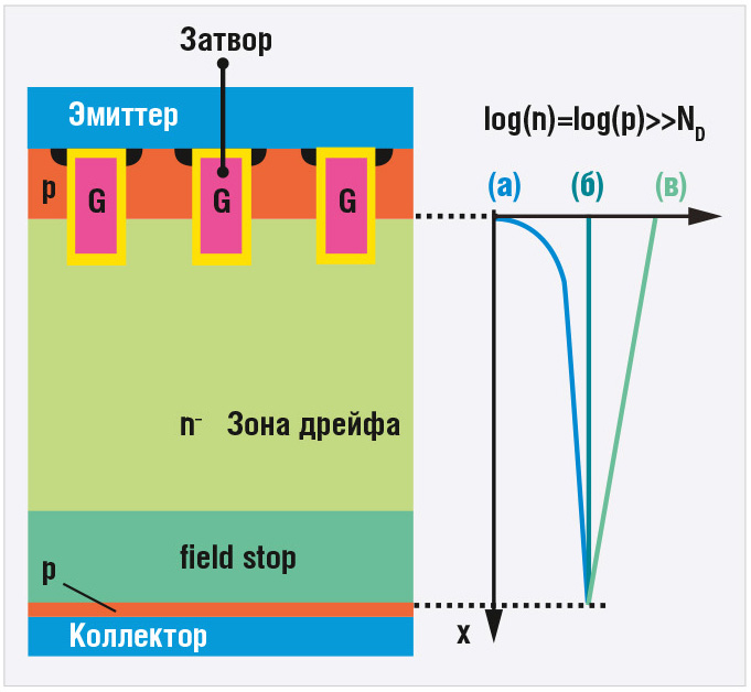 Рис. 2. Вертикальная структура и распределение носителей в IGBT-транзисторах: а) с планарными ячейками; б) с Trench-ячейками; в) с узкими мезами