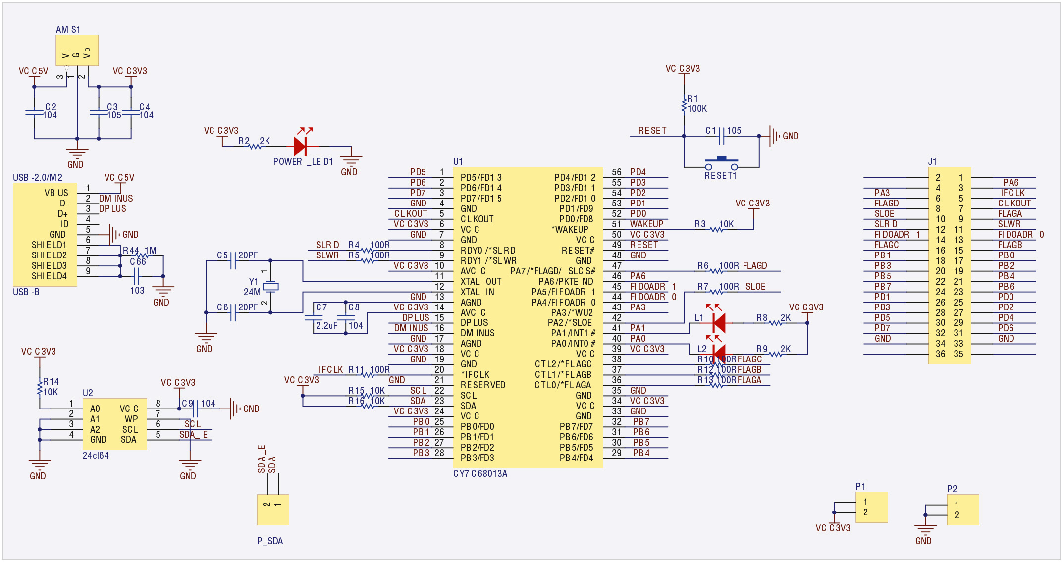 Рис. 1. Принципиальная схема платы CY7C68013A USB Board