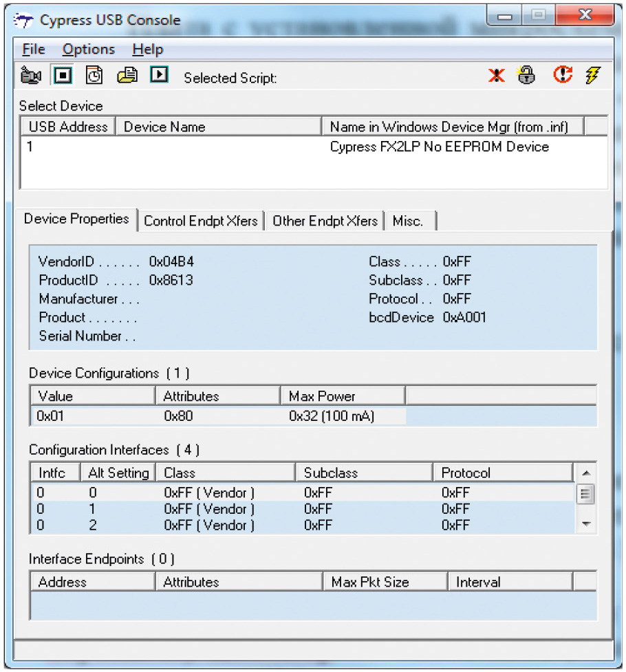 Рис. 3. Главное окно Cypress USB Console с обнаруженным контроллером CY7C68013A без внешней памяти
