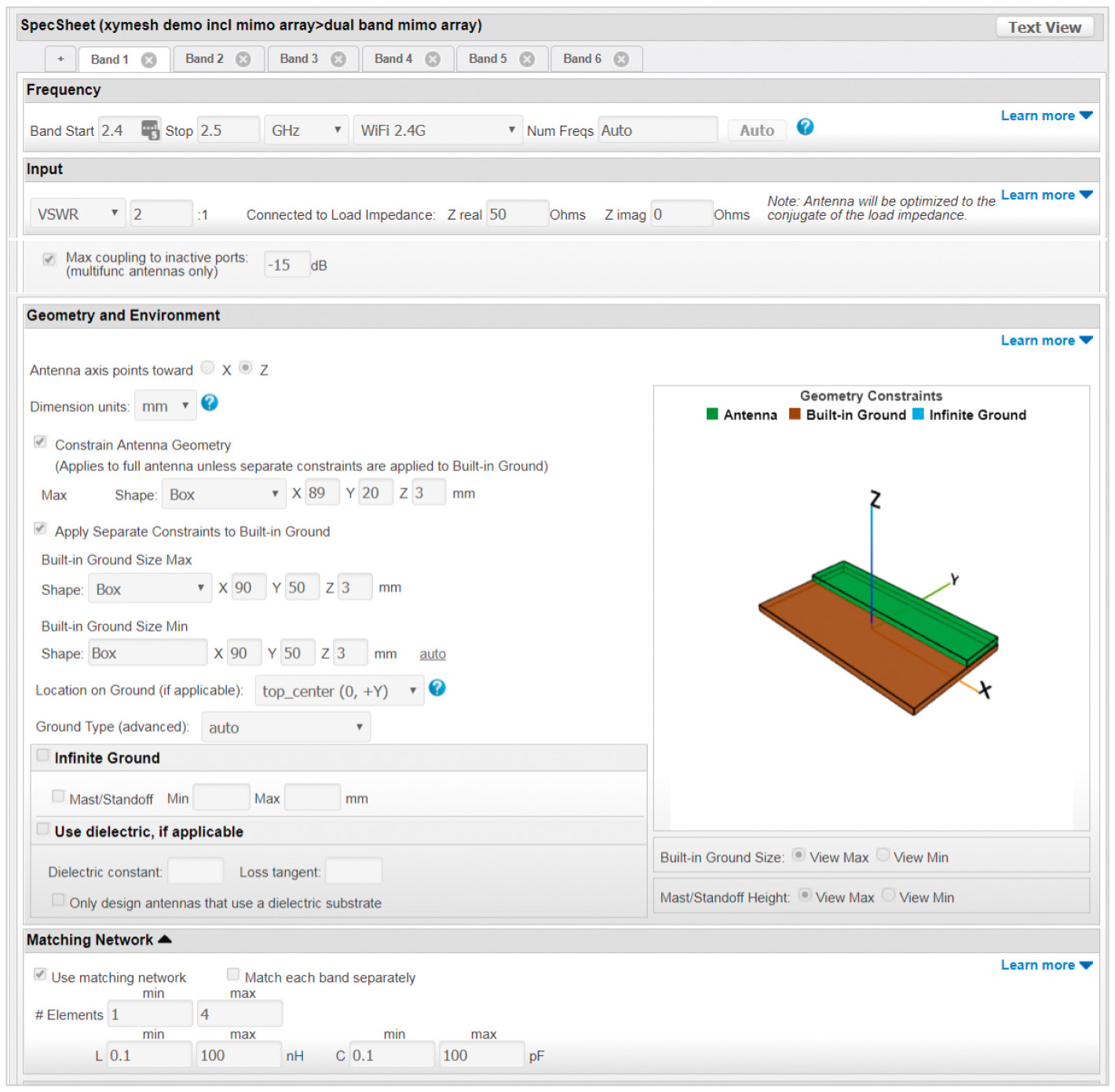 Рис. 1. Область интерфейса ввода спецификаций AntSyn для проекта MIMO