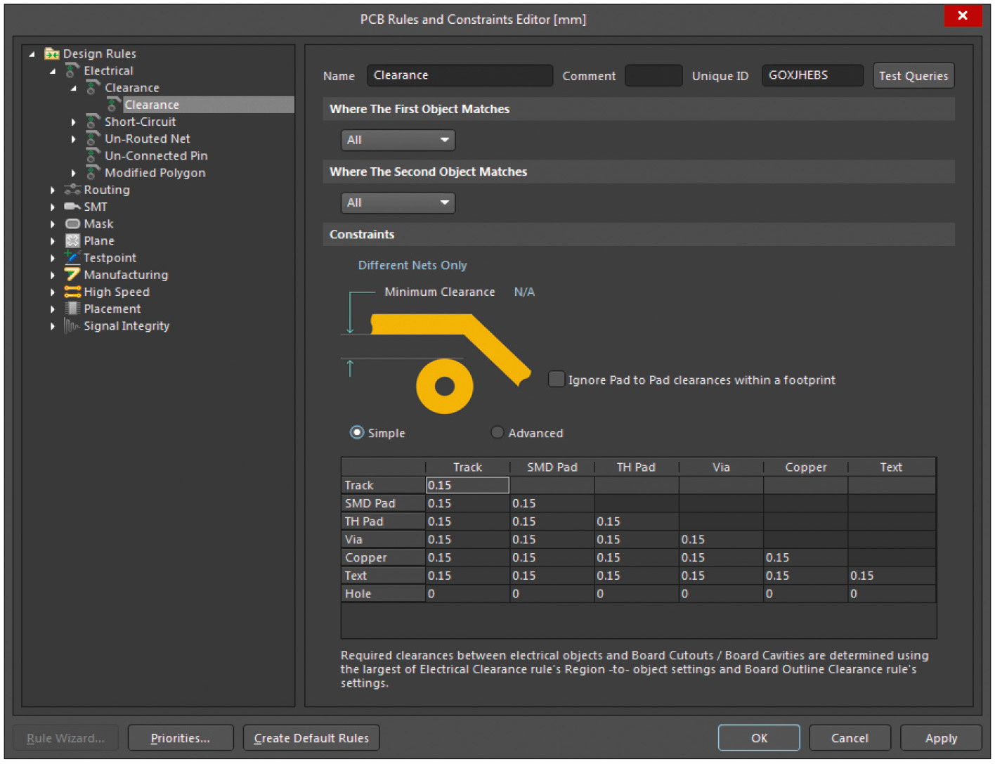Рис. 1. Окно Electrical → Clearance в редакторе правил