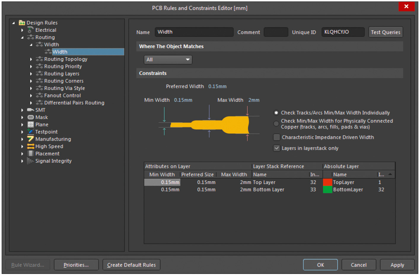 Рис. 2. Окно Routing → Width в редакторе правил