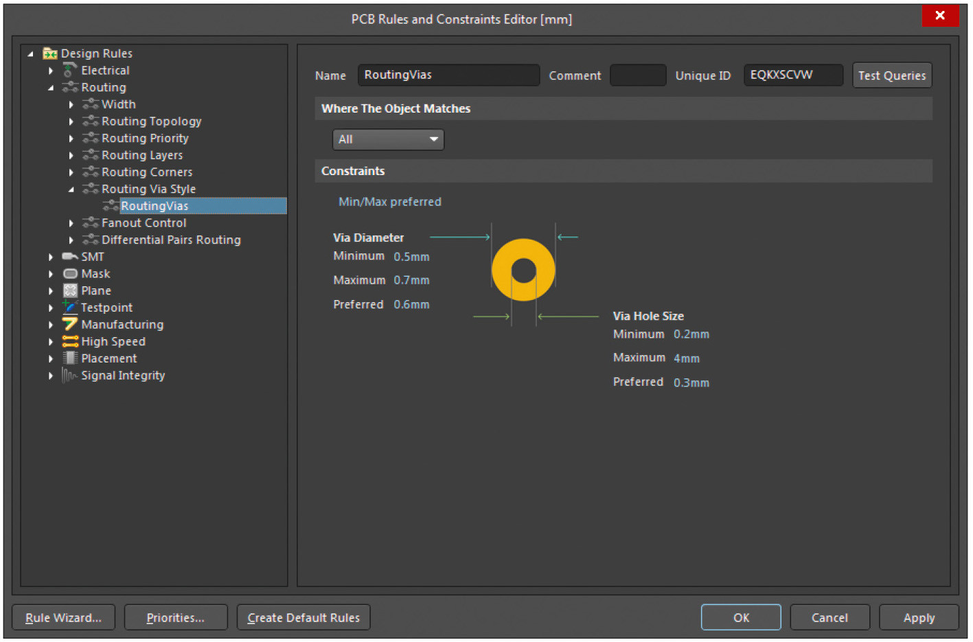 Рис. 4. Окно Routing → Routing Via Style в редакторе правил