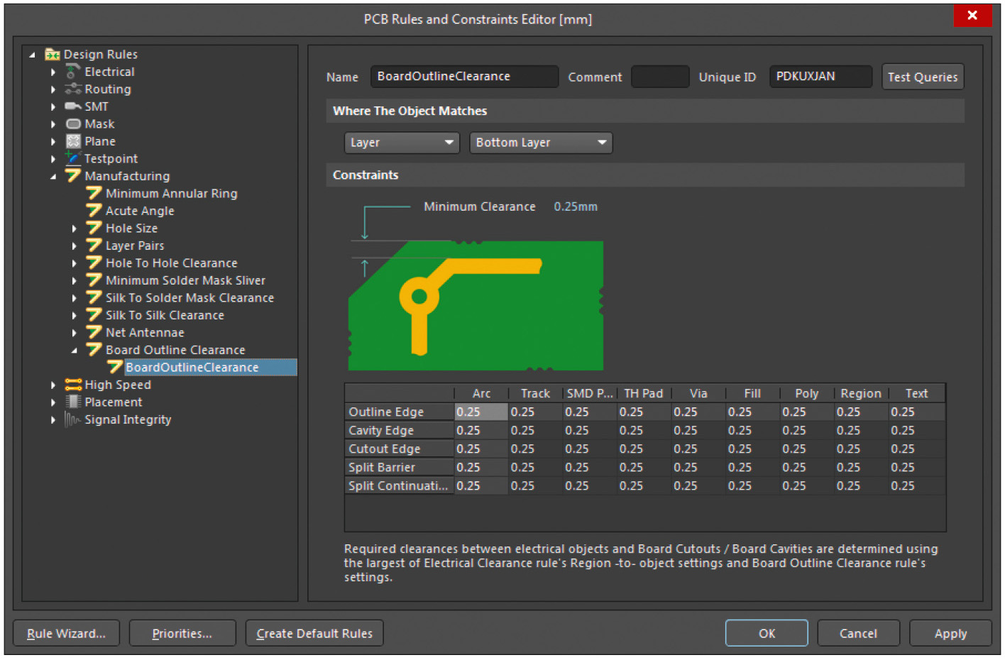 Рис. 5. Окно Manufacturing → Board Outline Clearance в редакторе правил