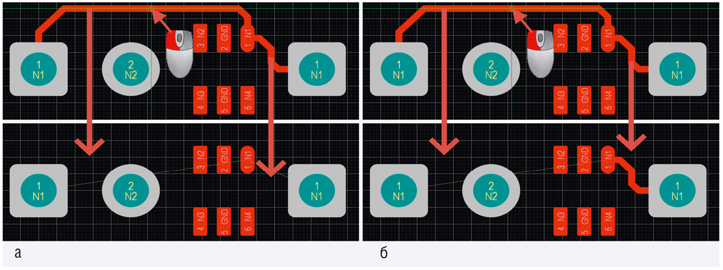 Рис. 7. Разница между командами: а) Un-Route→Net; б) Un-Route→Connection