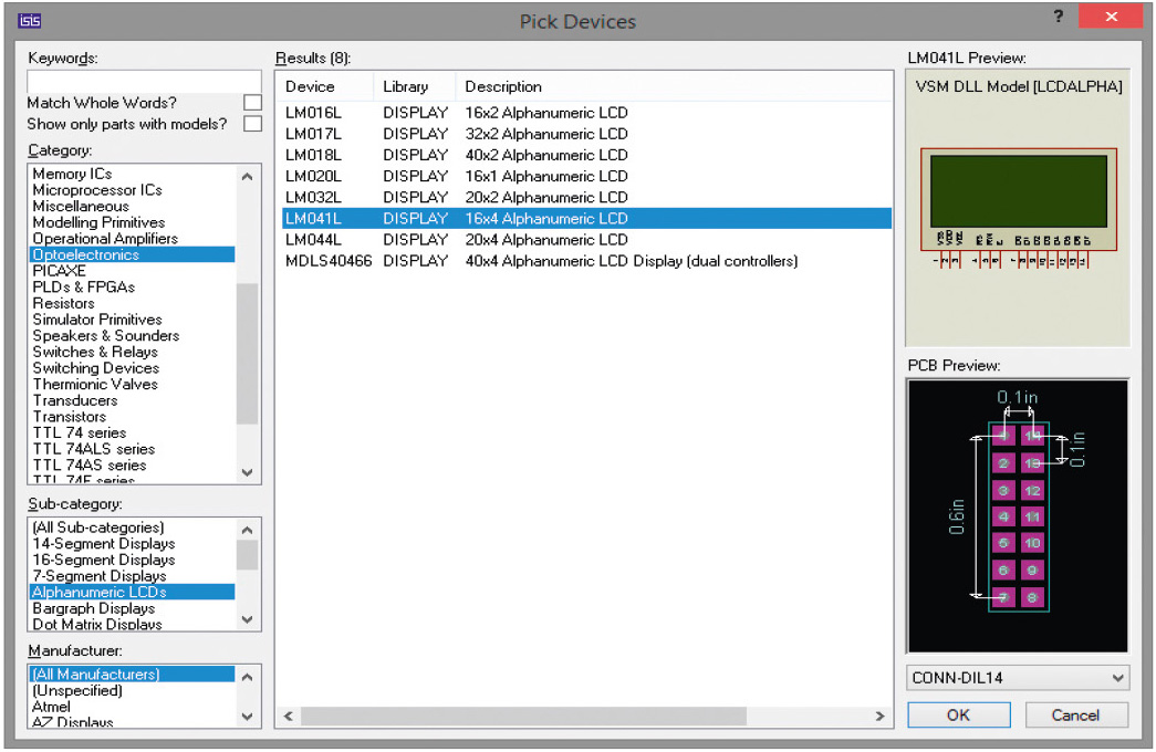 Рис. 1. Раздел Alphanumeric LCDs библиотеки Optoelectronics