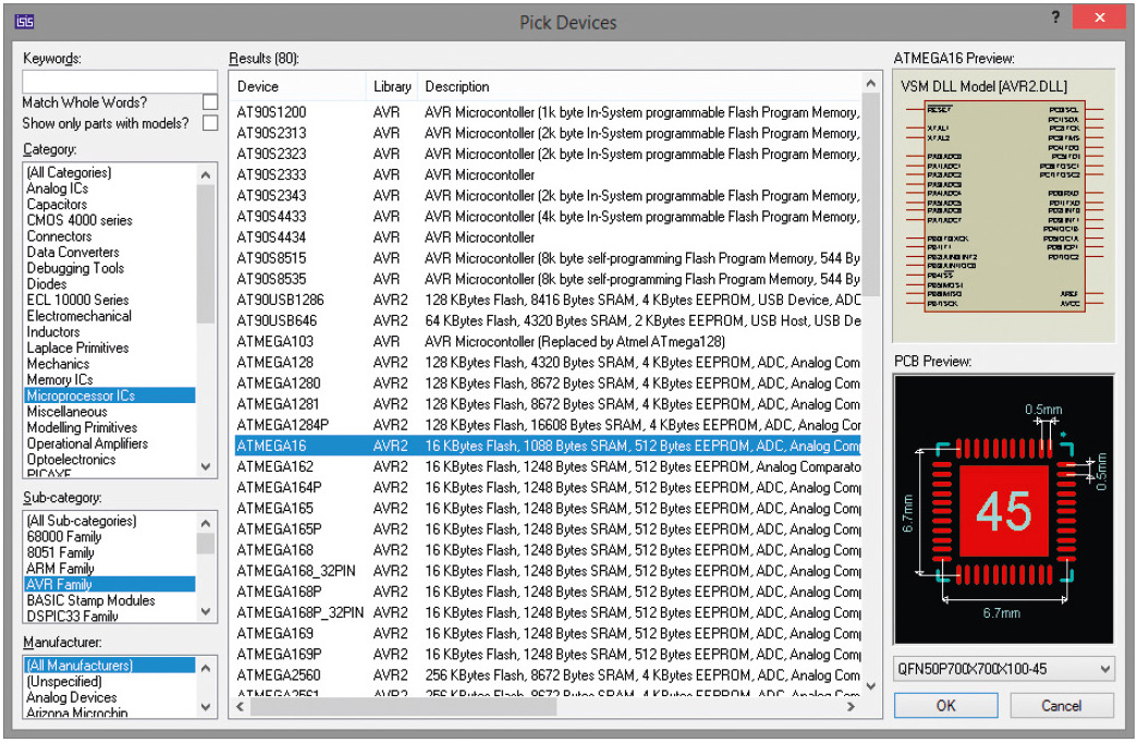 Рис. 2. Раздел AVR Family библиотеки Microprocessor ICs