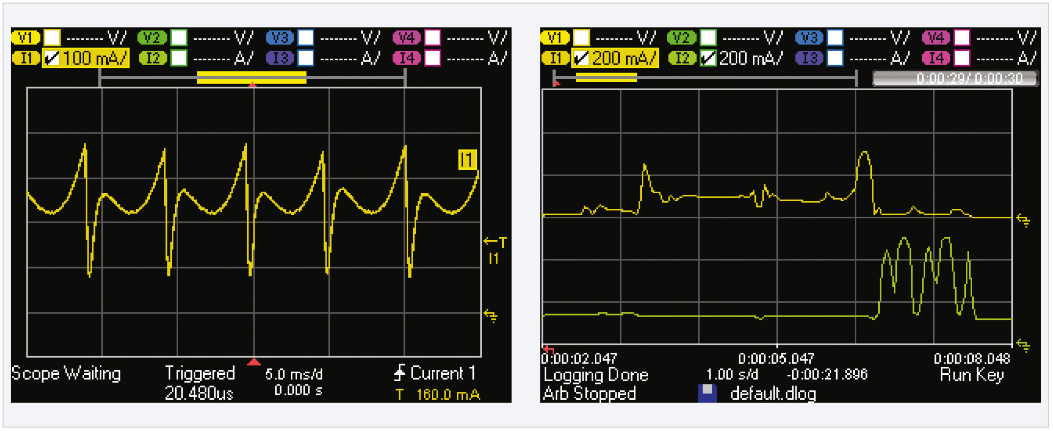 Рис. 6. Динамика потребления тока за 30 мс (слева) и за 30 с (справа)