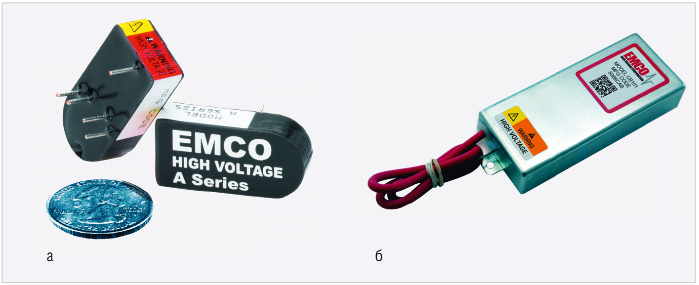 Рис. 2. Миниатюрные источники питания высокого напряжения для чувствительных фотодетекторов: а) EMCO 5120 A Series; б) XP EMCO CB101