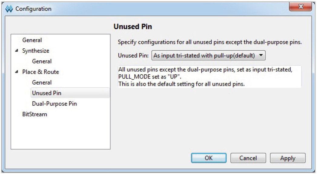 Рис. 10. Подтяжка не используемых в проекте линий GPIO ПЛИС