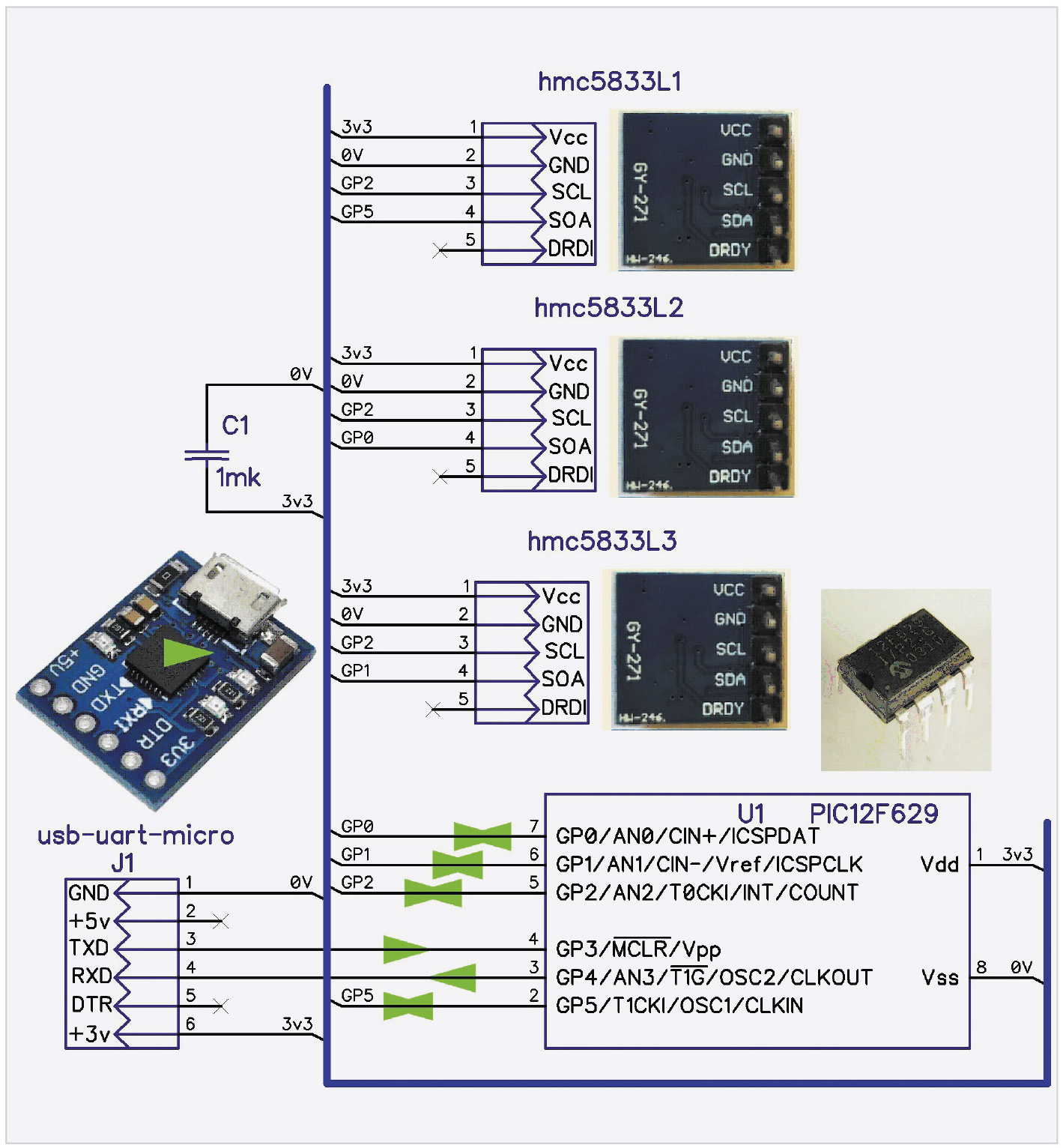 Рис. 2. Принципиальная схема адаптера для трёх магнетометров HMC5833L