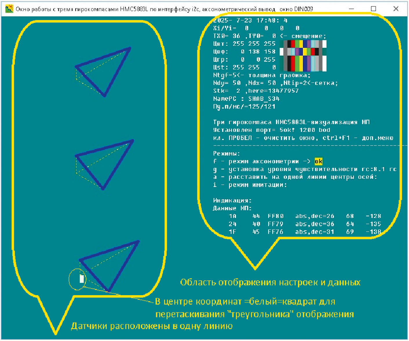 Рис. 5. Окно аксонометрической визуализации трёх магнетометров