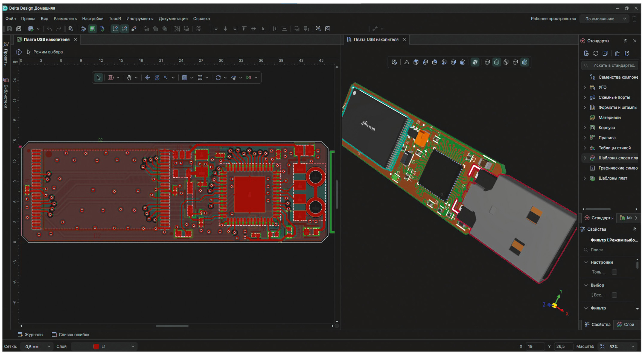 Рис. 5. Плата USB-устройства. Вид из редактора печатных плат и визуализация 3D-модели