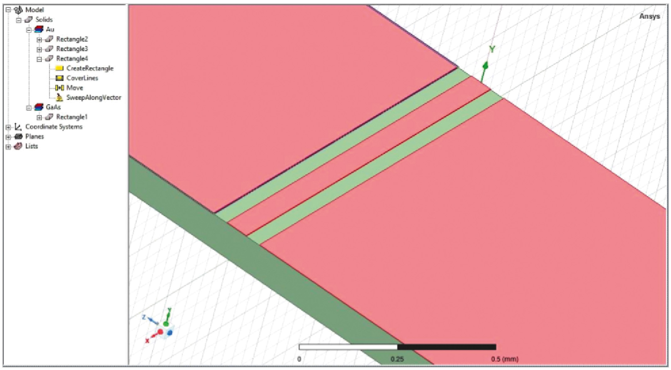 Рис. 2. Трёхмерная модель CPW-структуры в Ansys HFSS с заданными портами Wave Port